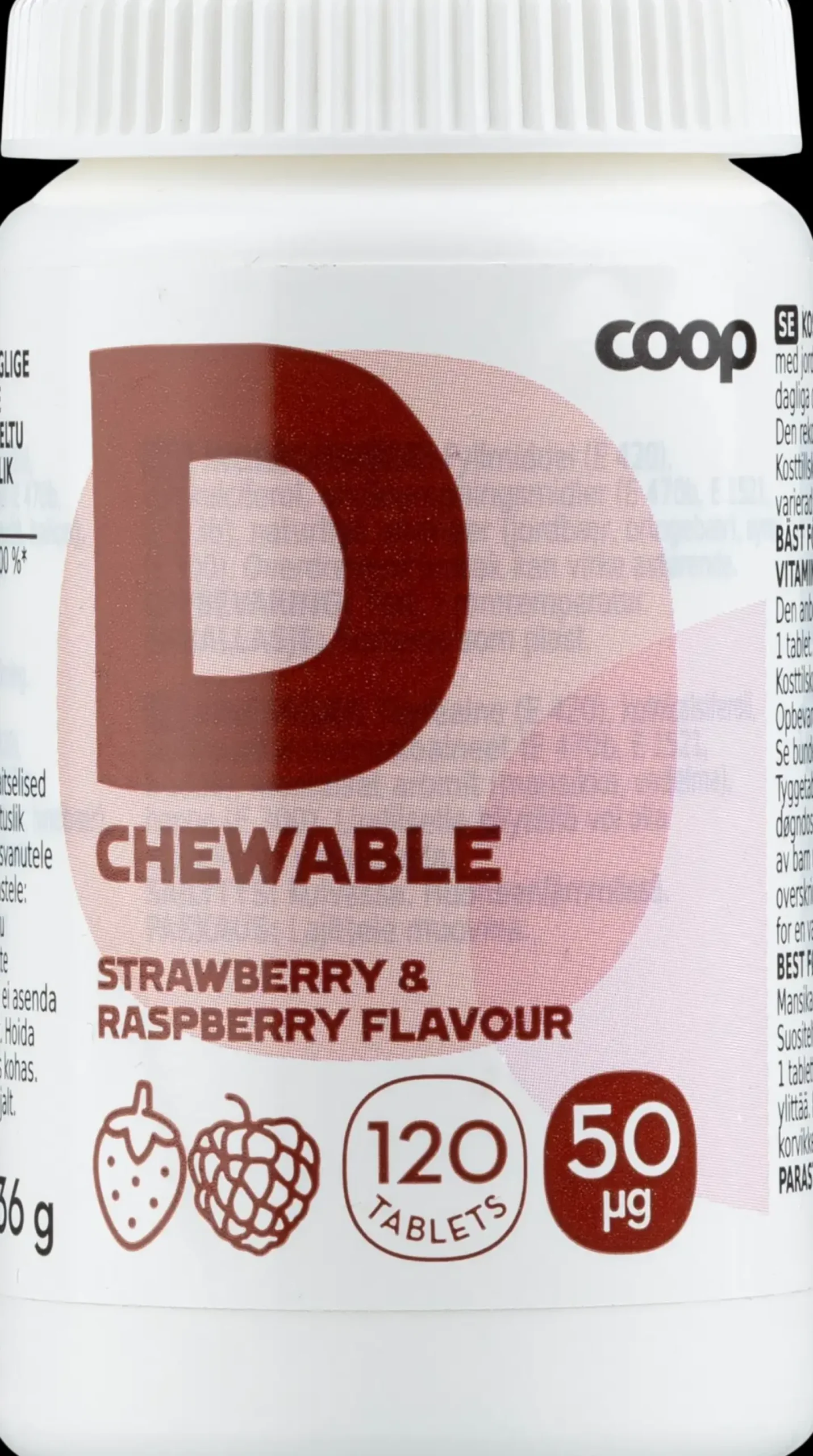 Coop D-vitamiini 50μg Mansikka-Vadelma 120 purutablettia