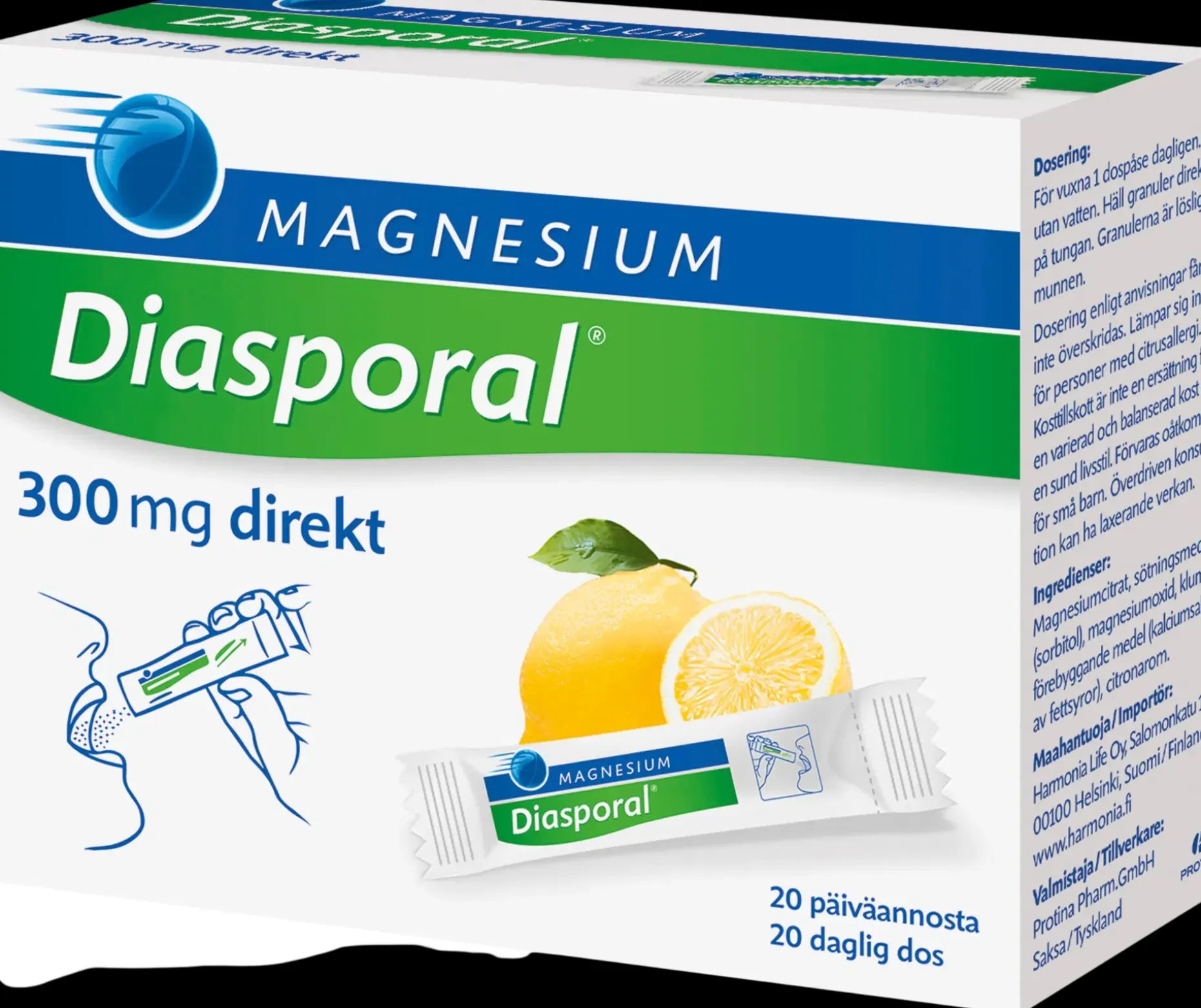 Diasporal sitruunanmakuinen magnesium-annosrae 300mg Direkt ravintolisä 27g/20kpl