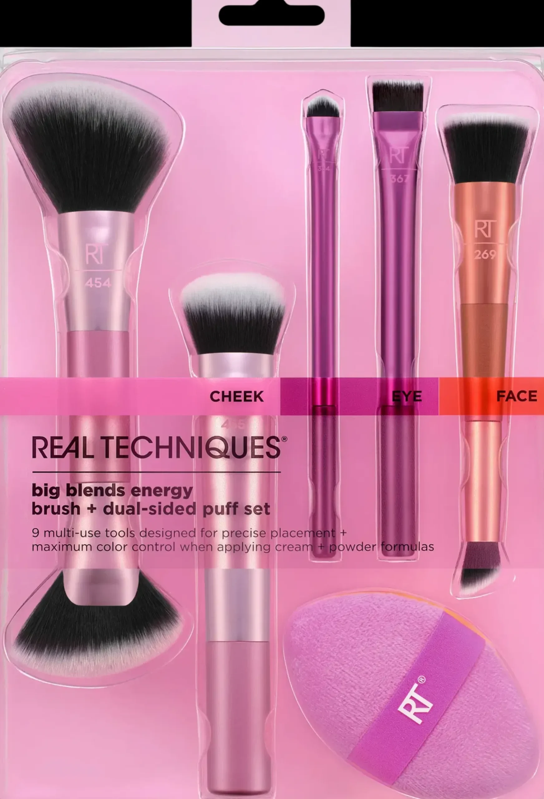 Real Techniques Big Blends Energy Brush + Dual-Sided Puff Set -meikkivälinesetti